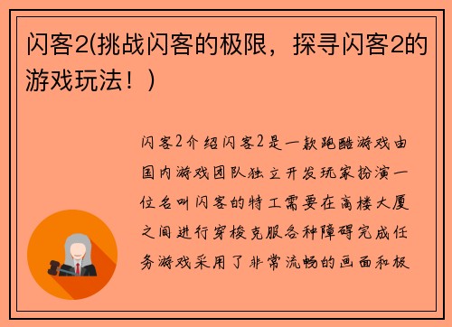 闪客2(挑战闪客的极限，探寻闪客2的游戏玩法！)